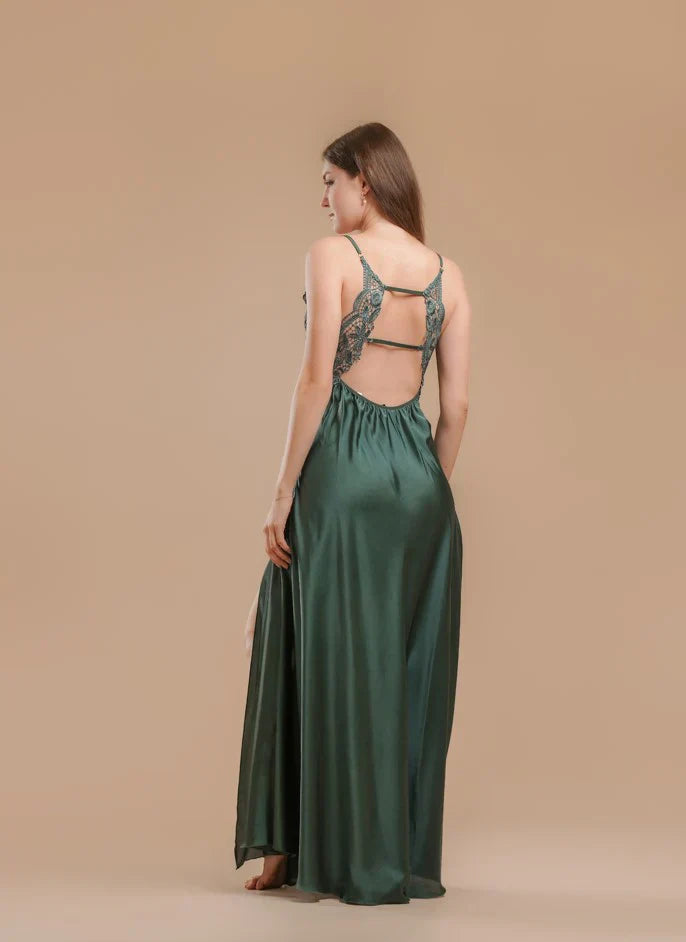 Long Night Dress Satin &amp; Lace - Emerald Green