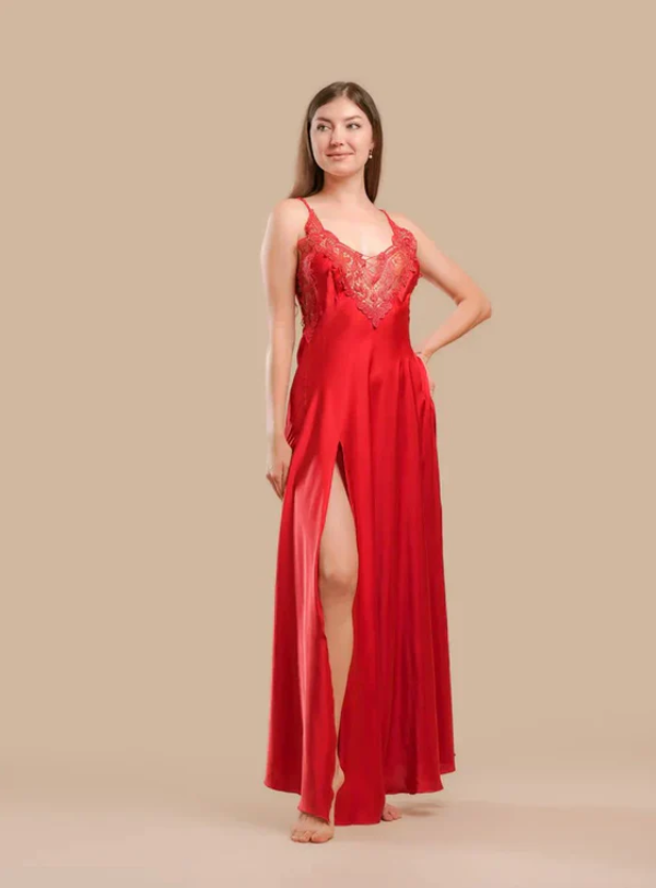 Long Night Dress Satin &amp; Lace - Red