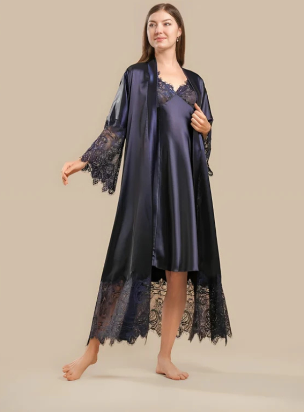 Long Satin &amp; Lace Nightdress &amp; Robe Set