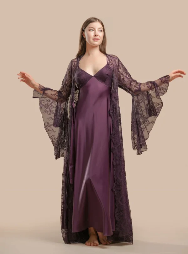Long Satin &amp; Lace Nightdress &amp; Robe Set