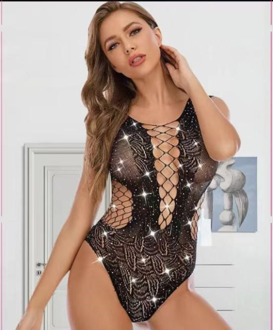 Sajiero Romple Style Front Fish Net Pearl Half Body Black Stocking For Women