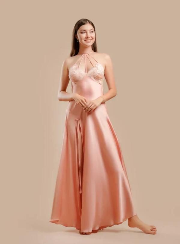 Long Night Dress Satin &amp; Lace - Pink