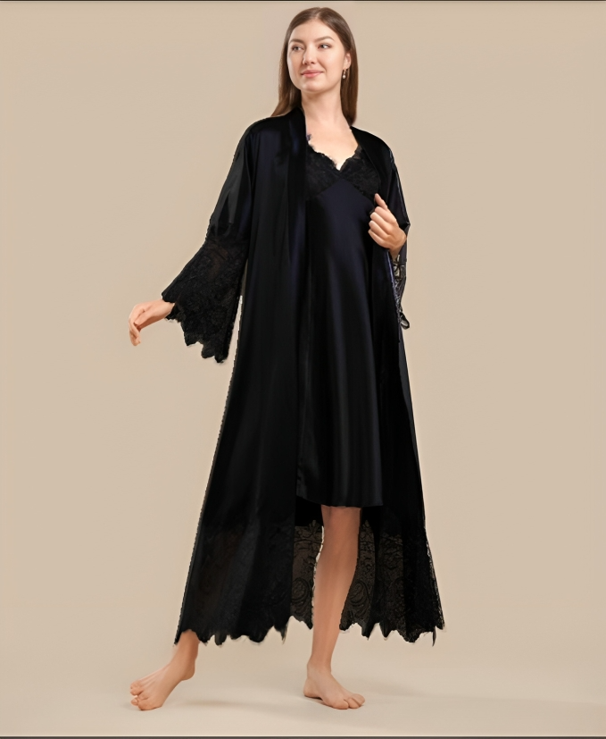 Long Satin &amp; Lace Nightdress &amp; Robe Set