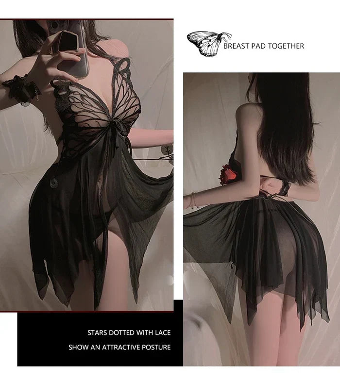 Butterfly Mesh Nightgown ( Black )