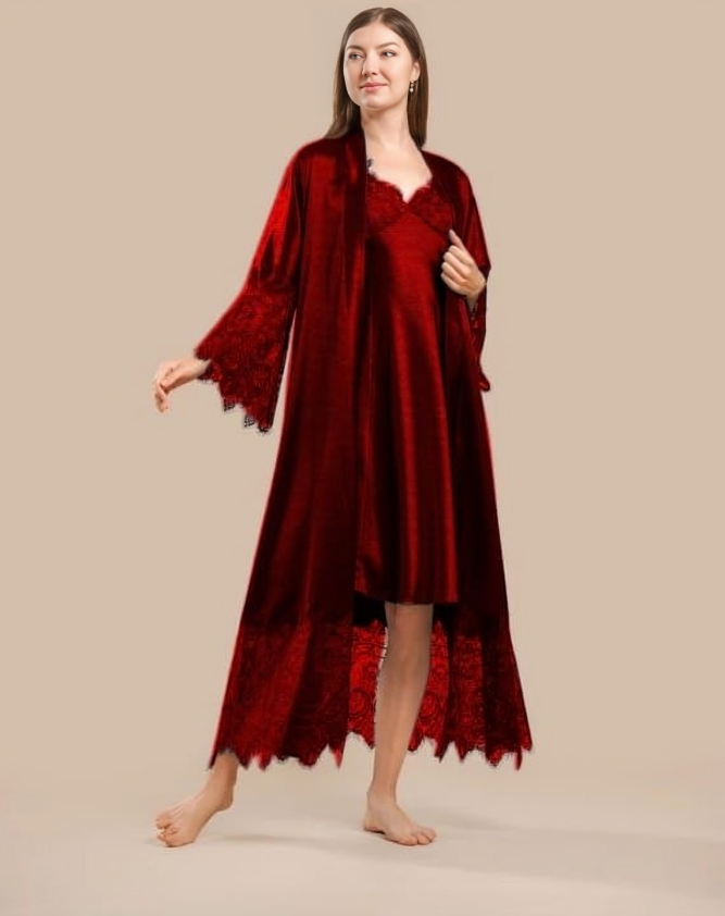 Long Satin &amp; Lace Nightdress &amp; Robe Set